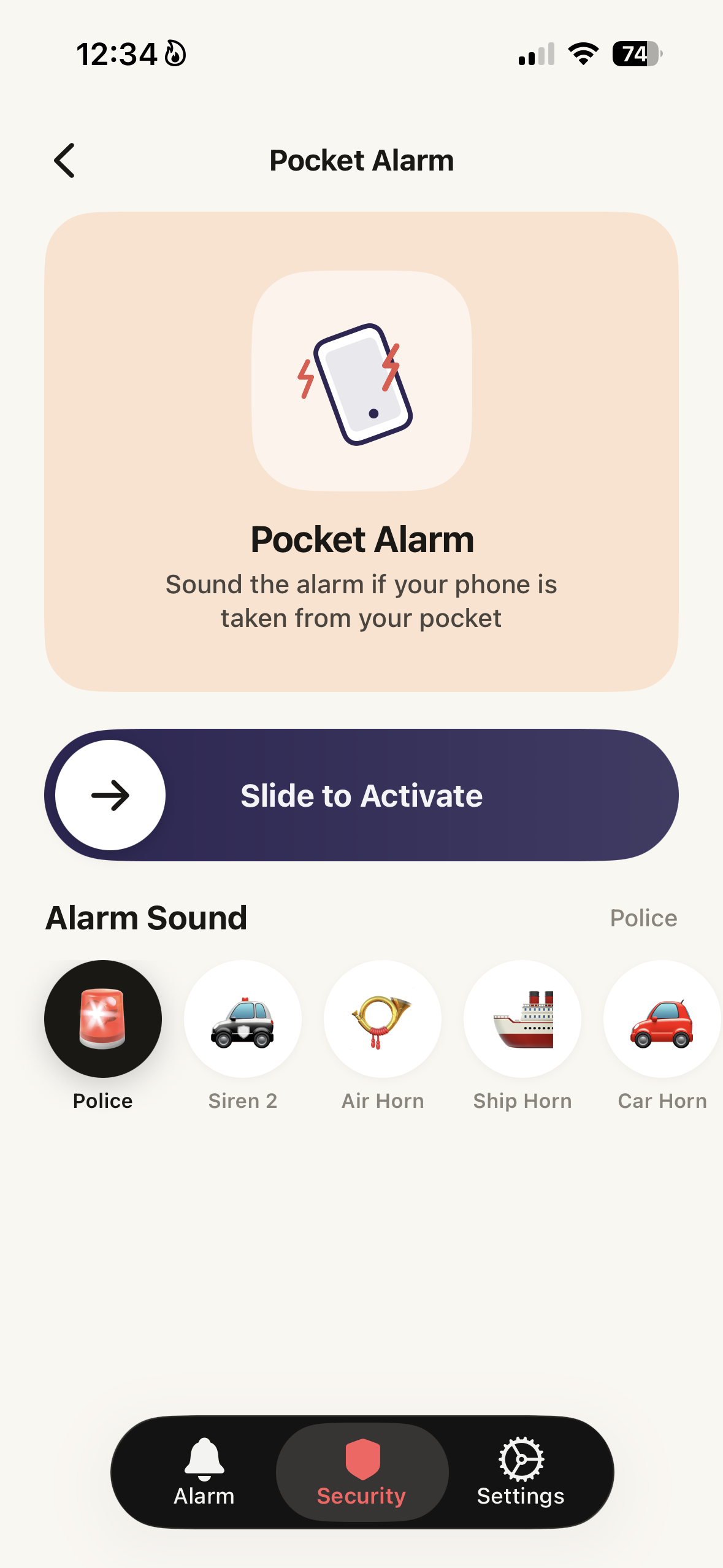 Pocket Alarm screen